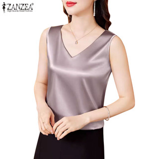 Zanzea 女式韓版日常休閒 V 領無袖純色襯衫