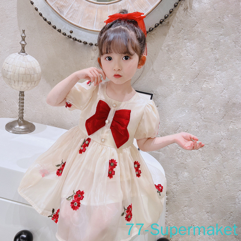 【小七購物】女童洋裝-新款洋氣兒童夏季泡泡袖蝴蝶結公主裙女孩刺繡裙子