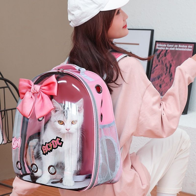 貓包外出便攜可愛狗狗背包便攜式後背包透明粉色高級寵物後背包y5.9