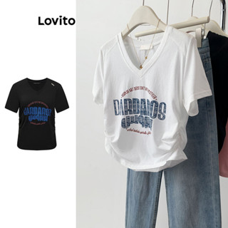 Lovito 女士休閒字母褶飾T恤 LNA24020 (白色)