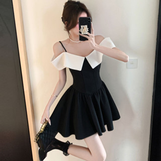 💖臺灣出貨💖一字領連衣裙 小黑裙 吊帶洋裝 小眾百搭202夏季新款法式設計感氣質吊帶露肩收腰顯瘦絕美連衣裙
