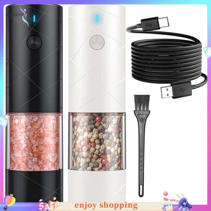 電動鹽和胡椒研磨機套裝黑白 USB 可充電 + 暖 LED 燈可調節粗磨研磨機適用於廚房