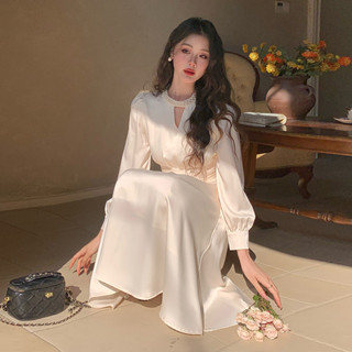 【桃喜Rich】杏色洋裝 黑色洋裝 御姐風長袖洋裝 宴會禮服 長版連衣裙 收腰氣質女神洋裝 高階精緻醋酸緞面長洋