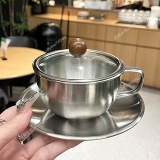 🔥臺灣熱賣🔥複古加厚不銹鋼咖啡盃套裝傢用帶蓋相思木簡約拿鐵咖啡盃子ins盃- MT全球