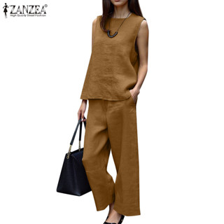Zanzea 女士復古休閒圓領純色上衣寬鬆直筒褲套裝