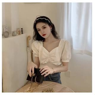 【HOT 本舖】 白色法式復古方領褶皺收腰打底短款泡泡短袖襯衫女裝春季新款上衣