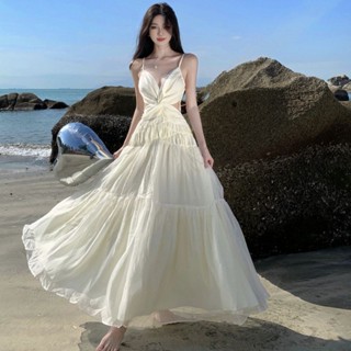 大裙襬洋裝 素色蝴蝶吊帶洋裝 白色裙子 女士洋裝 吊帶裙