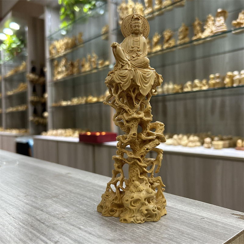 【現貨】黃楊木雕家居自在觀音菩薩佛像工藝品客廳玄關茶室裝飾品禪意擺件