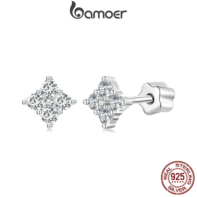 Bamoer 925 純銀耳環莫桑石四葉草設計閃亮珠寶女士禮物