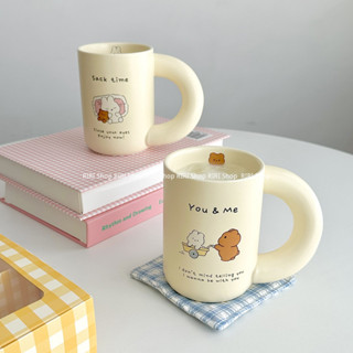 RIRI Shop｜台灣現貨｜陶瓷情侶杯 兔兔 熊熊 奶黃色馬克杯水杯 家用牛奶咖啡杯 女生禮物
