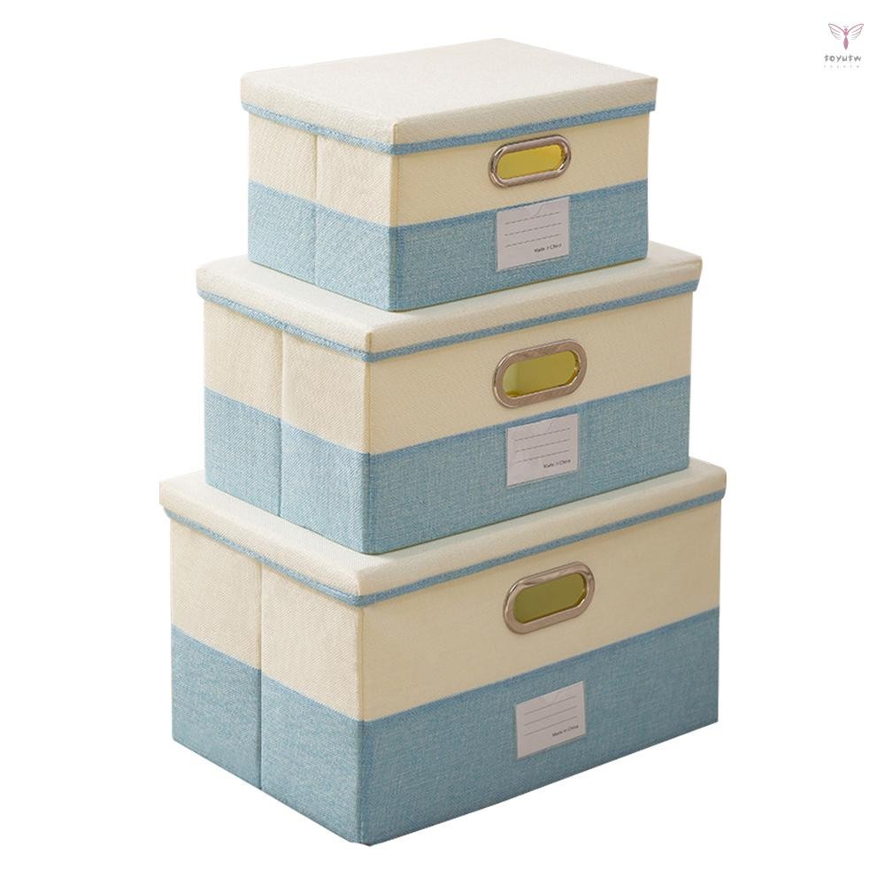 Uurig)3 件帶蓋儲物箱可折疊棉麻儲物盒帶蓋可折疊壁櫥收納盒帶蓋適用於家庭臥室辦公室藍色