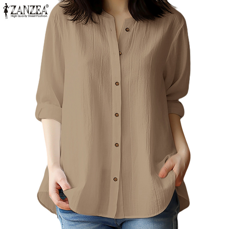 Zanzea 女式韓版休閒立領純色長袖襯衫