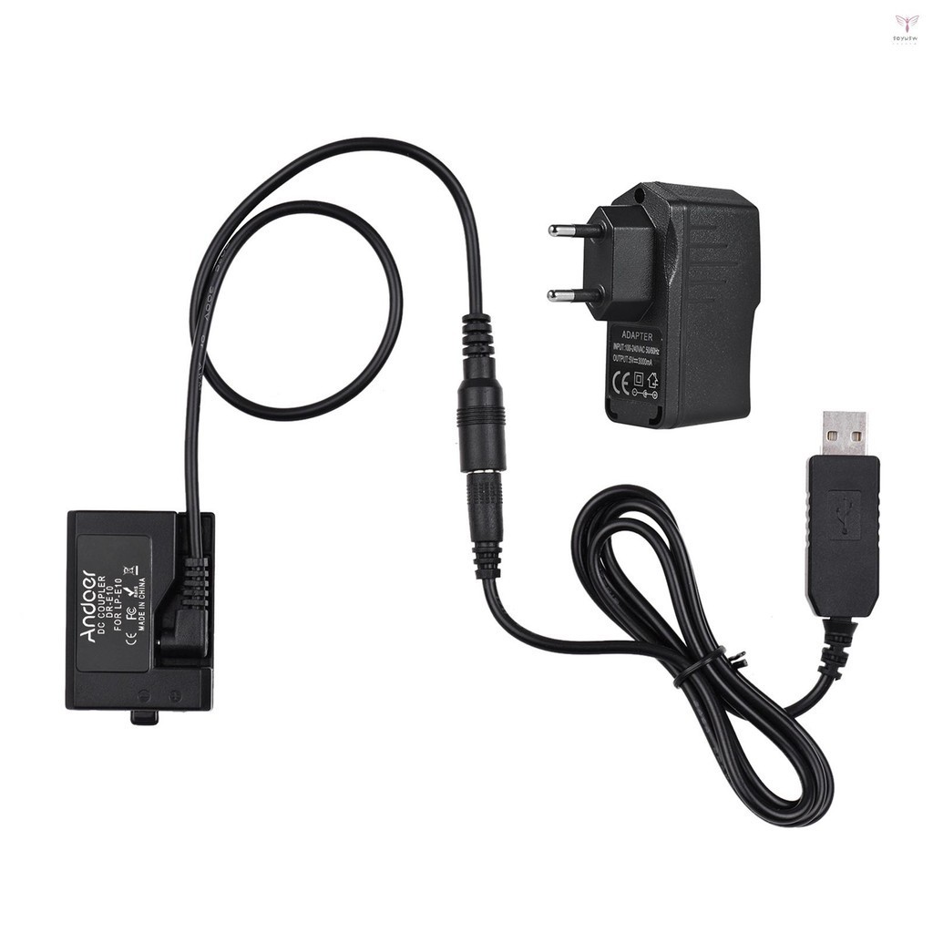 Andoer ACK-E10 5V USB 虛擬電池直流耦合器(LP-E10 替換)帶電源適配器兼容佳能 EOS Reb