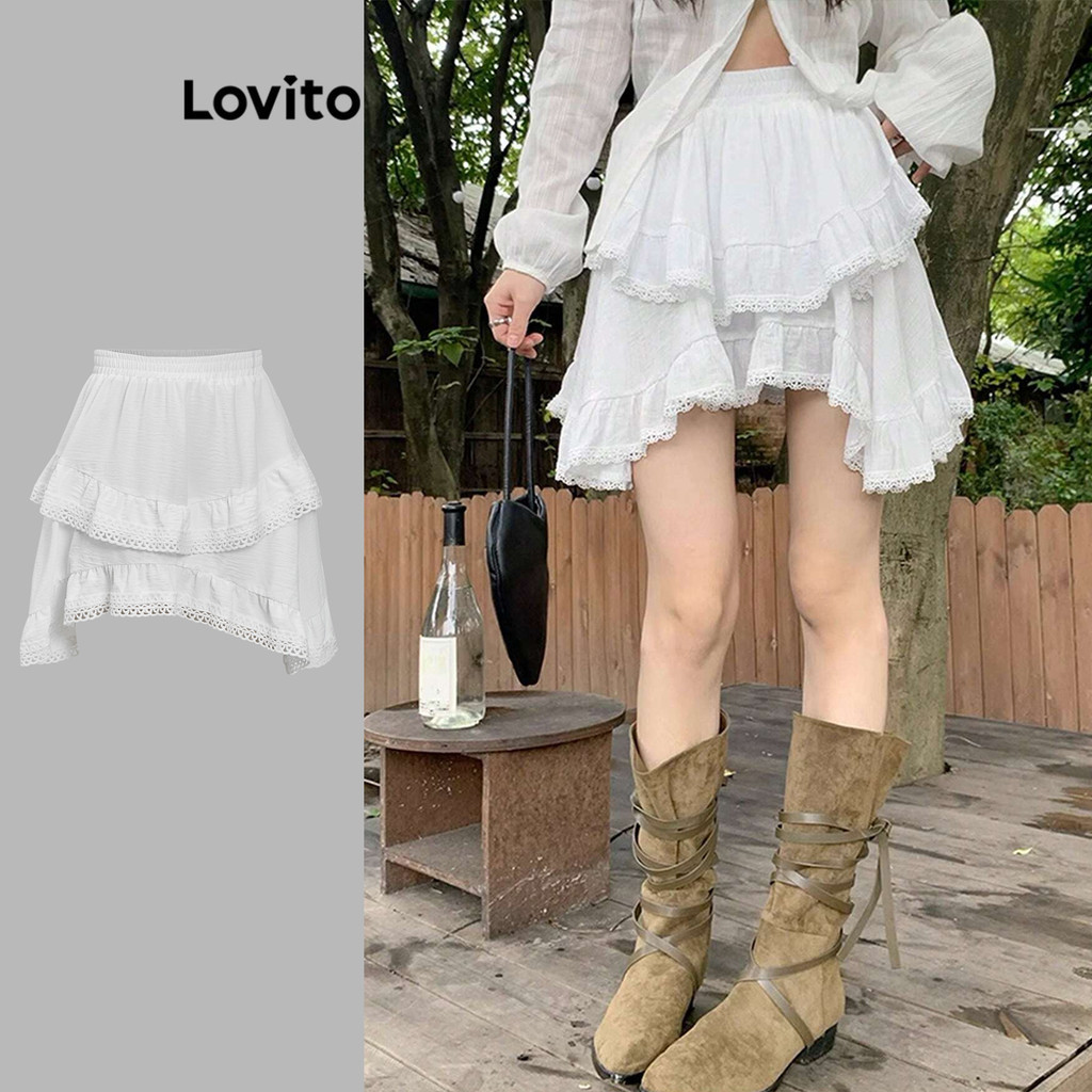 Lovito 女款可愛素色蕾絲短裙 L85AD114