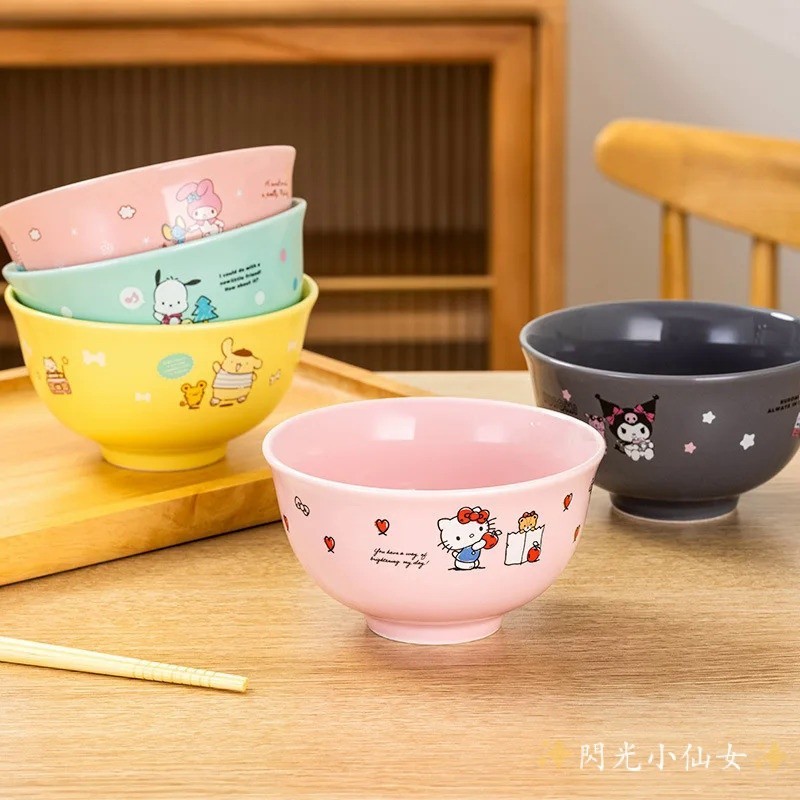 5寸kuromi Cinnamoroll陶瓷碗Hello Kitty卡通可愛大容量飯碗湯碗麵碗餐具Mangkuk動漫女孩
