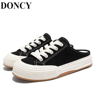【DONCY】包頭半拖鞋女外穿 帆布鞋2024夏季新款帆布拖鞋 韓國 休閒鞋 防滑 厚底懶人鞋一腳蹬板鞋