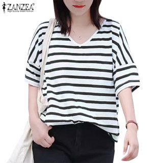 Zanzea 女式韓版休閒 V 領短袖寬鬆條紋襯衫