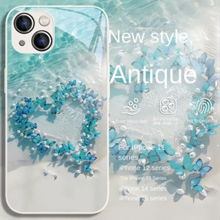 手機殼蝴蝶心防摔保護套鋼化玻璃外殼適用於 iPhone 15Pro 15 14 8 7 Plus 13 12 Mini