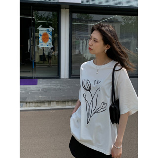 太美了！100%純棉 短袖T恤上衣 韓版寬鬆休閒慵懶風 大尺碼女裝 植物印花 美式ins 日系甜美減齡穿搭 復古百搭