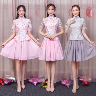 中式伴娘禮服女短版2024復古秀禾中國風旗袍姐妹團學生小個子表演3.A26