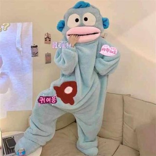 人魚漢頓 醜魚睡衣 醜魚 醜魚連身睡衣女冬季珊瑚絨加厚保暖卡通漢頓大嘴魚搞怪男加大睡袍