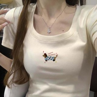 胖胖美依 短袖T卹 上衣 短版上衣 印花上衣 小衫 S-XL新款設計感小眾修身顯瘦露臍純棉上衣-4348.
