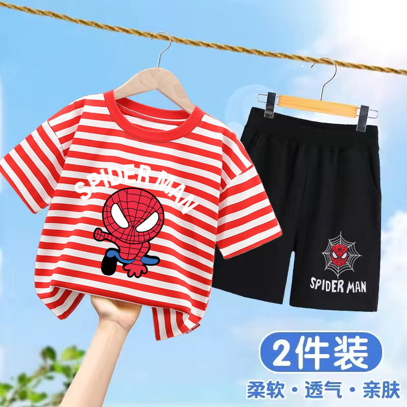 兒童蜘蛛人衣服 卡通男童短袖套裝 夏季薄款條紋T恤上衣短褲