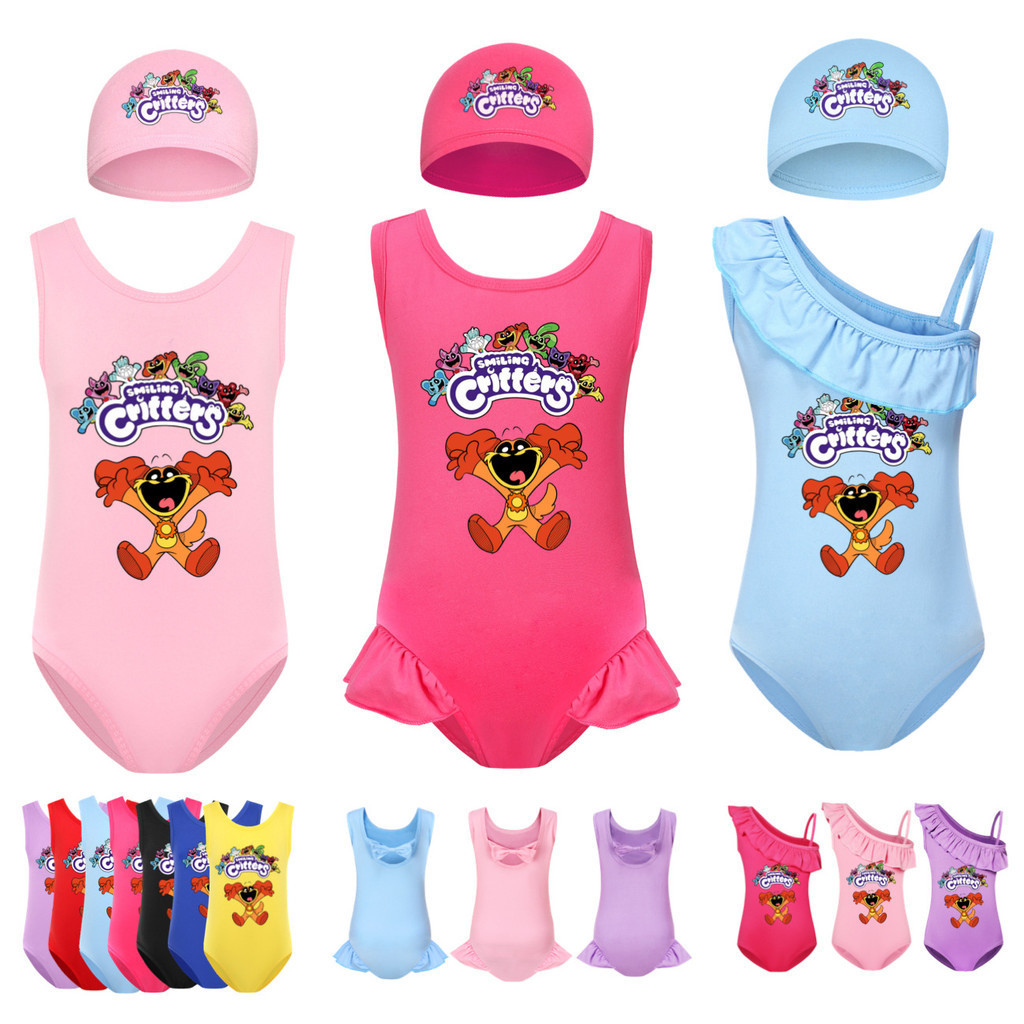 微笑小動物泳衣 Catnap Catnat 衣服兒童吊帶 Carooon 印花荷葉邊比基尼女嬰夏季泳裝帶帽