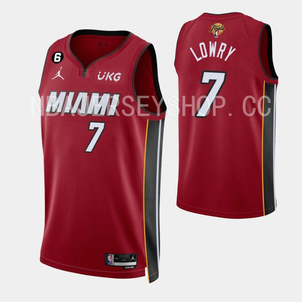 男式全新原創 2023 NBA 總決賽邁阿密熱火 #7 Kyle Lowry 聲明版球衣紅色 Swingman 熱壓 H