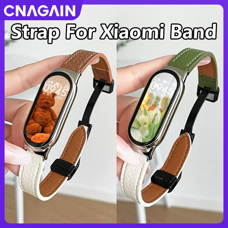 XIAOMI Cnagain 時尚創意雙色荔枝紋磁性折疊扣休閒錶帶兼容小米手環 8 7 6 5 4 3 NFC,小米智能
