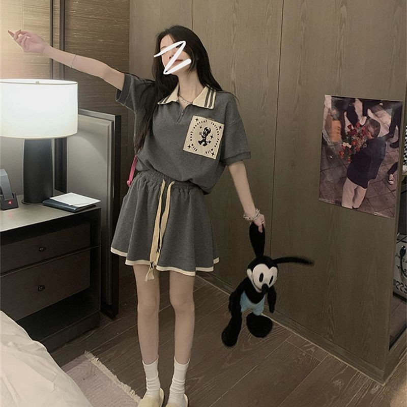 【小築家衣櫥】 日韓 運動服套裝 女學生 韓版 寬鬆 顯瘦 網紅 時尚 休閒 華夫格 兩件套ins 拼接款長裙 女