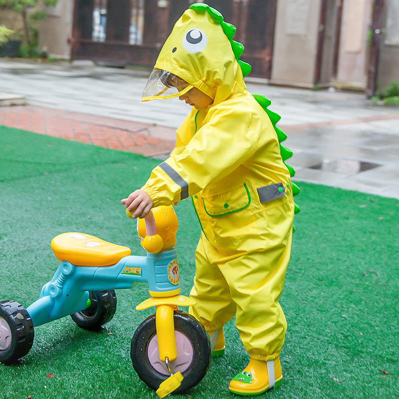 SK兒童連身雨衣恐龍造型男童女童寶寶幼兒園大帽簷全身雨褲雨披雨服