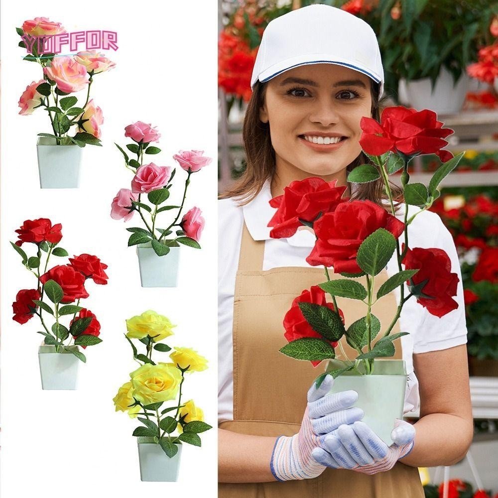 YOFFOR玫瑰花盆景,假植物五頭玫瑰塑料盆栽,裝飾房間裝飾模擬裝飾台式機人造玫瑰植物辦公室