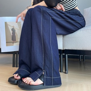 【現貨】大尺碼長褲 大碼S-5XL 鬆緊腰 開叉寬褲 薄款闊腿褲女 雙側大口袋 牛仔藍女褲 休閒直筒褲 彎刀褲 寬鬆長褲