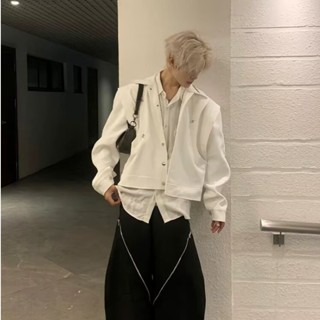 【HOT 本舖】男裝 M-2XL 春秋解構雙層彎刀袖 短款墊肩 外套男 白色設計 高階感 痞帥機車服 夾克