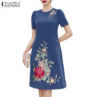 Zanzea 女式韓版高貴優雅圓領泡泡袖碎花連衣裙