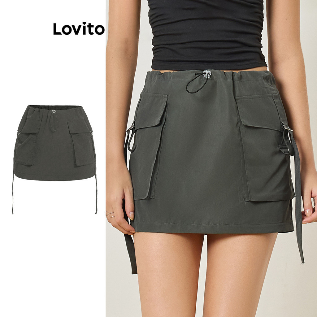 Lovito 女士休閒素色抽繩短裙 L80ED028