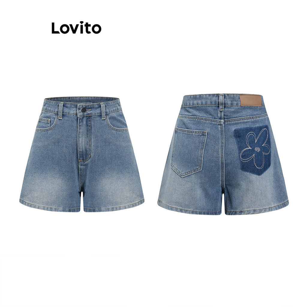 Lovito 女士休閒素色連結牛仔短褲 L82AD168
