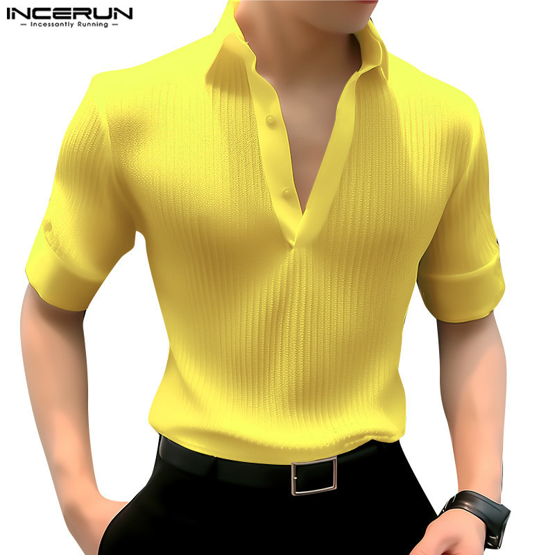 Incerun 男士韓版時尚休閒V領短袖純色襯衫