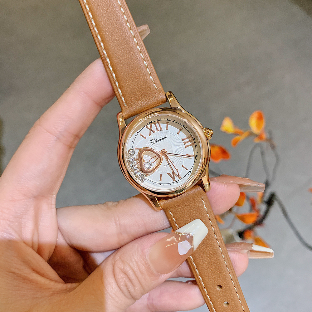 DIMINI  77103 時尚 休閒 羅馬皮帶 愛心水鑽 石英錶 女士手錶(送精美表盒）