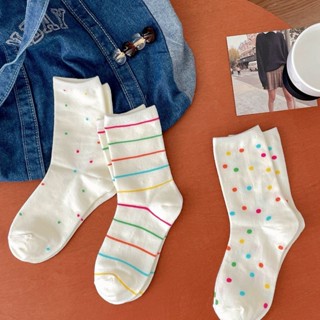 風韓國彩色波點堆堆襪條紋點點日系白色襪子精梳棉可愛中筒襪