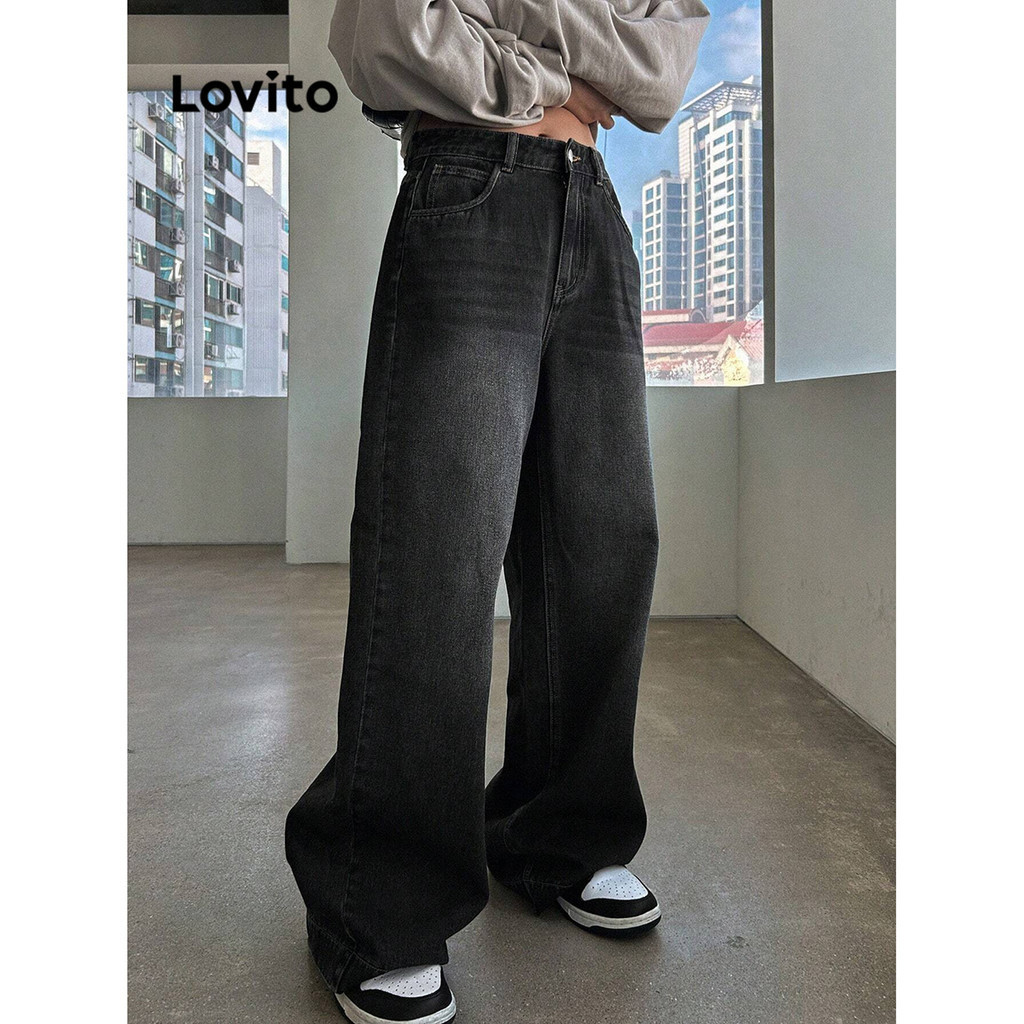 Lovito 女款休閒素色貓鬚水洗牛仔褲 L86ED291