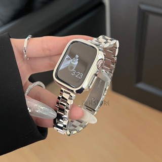 細款電鍍亮面三株金屬錶帶 適用於 Apple watch 10 9 8 7 6 5 SE 蘋果手錶錶帶+保護殼 49mm