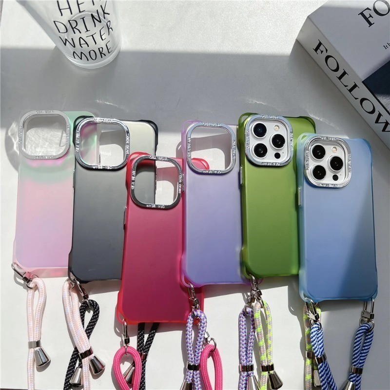 彩色閃光啞光斜挎項鍊掛繩手機殼適用於 IPhone 14 11 12 13 15 Pro Max Plus 孔繩繩手機套