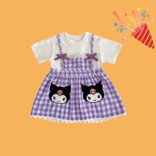 庫洛米女童洋裝2024夏季新款寶寶格子小清新卡通揹帶短袖公主裙洋氣潮