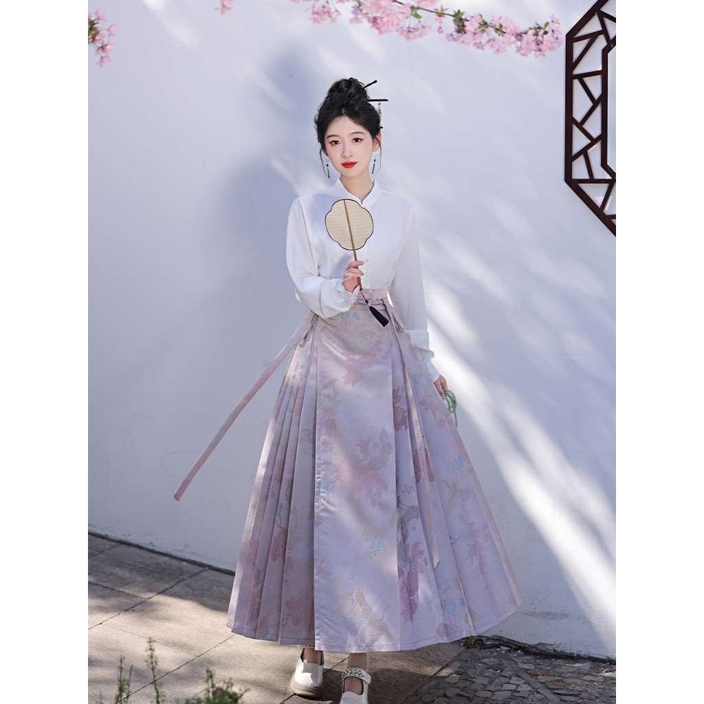 『粉色飛鶴』新中式輕國風馬麵裙春夏季中長款高腰改良漢服半身裙
