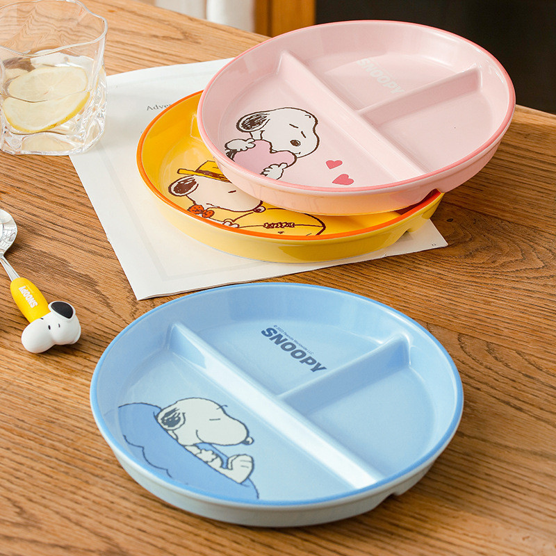 正品史努比潮州餐具3格盤兒童輔食餐盤陶瓷耐高溫烤盤寶寶圓盤