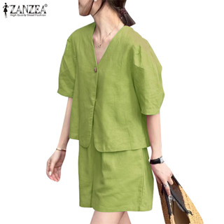 Zanzea 女式韓版 V 領泡泡袖鬆緊腰寬鬆上衣和短褲