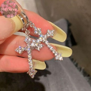 Herlove 新款水鑽鋯石十字架吊墜耳環女士韓國時尚吊環耳環生日派對珠寶禮物 TW