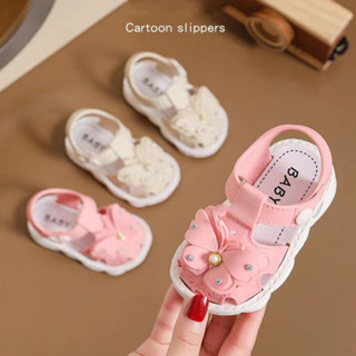 女童涼鞋夏季蝴蝶結珍珠公主鞋軟底涼鞋女嬰學步鞋嬰兒步行(0-4 歲)